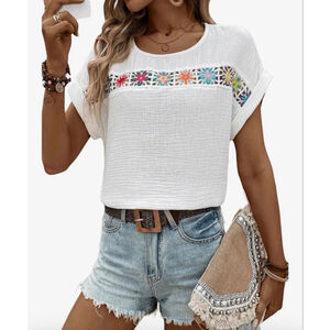 NEW Floral Embroidery Cotton Blouse Short Sleeve Summer Boho Top L